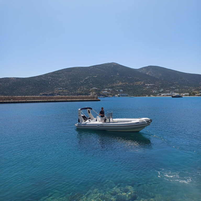 Side view of Luna RIB by A La Mer Milos, designed for easy handling and ideal for self-drive rentals.