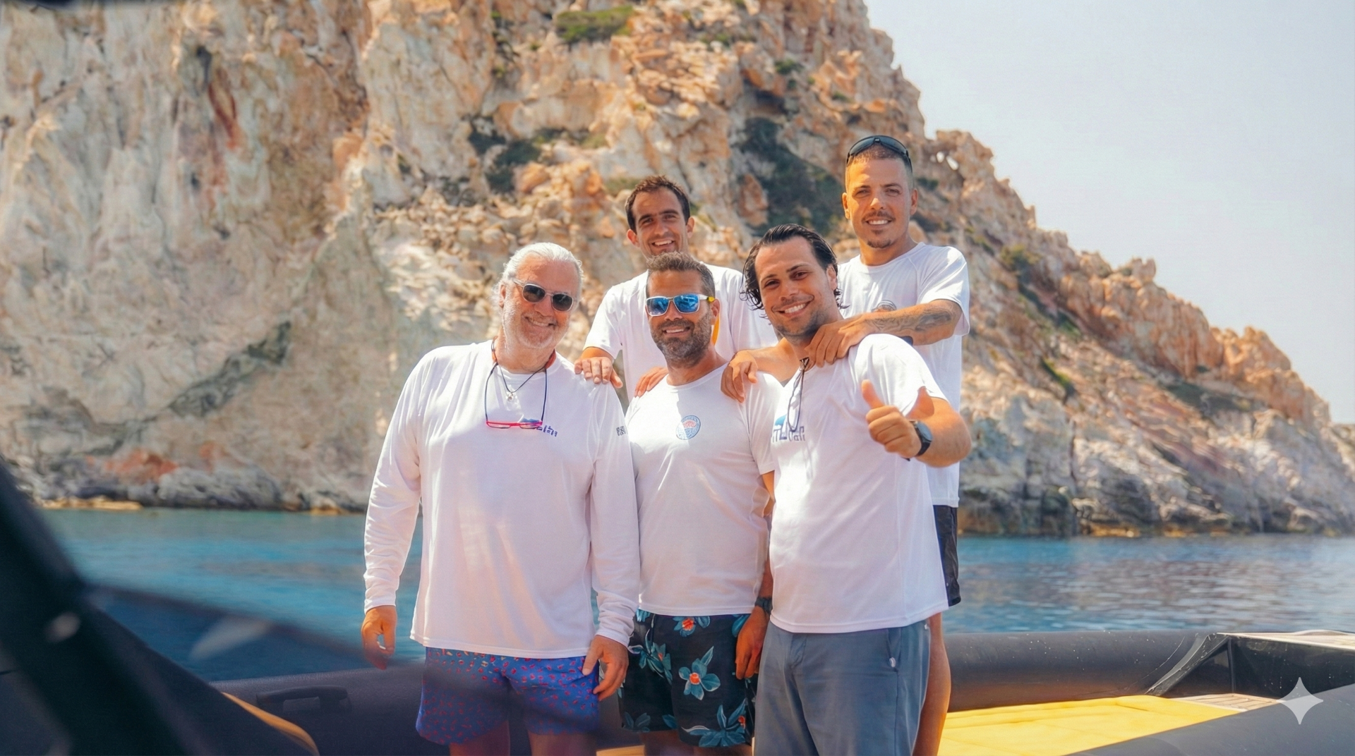 The crew of A La Mer Milos on a luxury RIB boat during a private tour in the Cyclades.